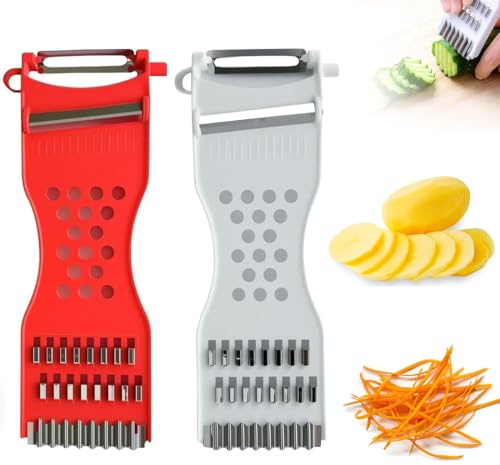 GJKLO 2 Piezas 6 in-1 - Cortador de verduras y pelador de verduras, rallador de acero inoxidable y pelador de patatas, cortador en juliana, ideal para frutas y verduras
