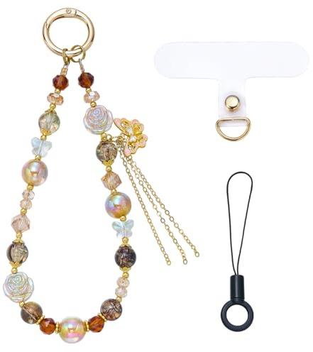 BEEFLYING Bracelet en Perles Marron Lanière Pendentif Nœud Chaîne de Téléphone Portable Dragonne Perlée Rose pour Porte-Clés Étui D'Écouteurs Emballage Décoration