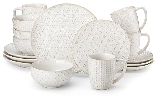 MALACASA Juego de Vajilla Completa de Gres 16 Piezas 4 Personas LYDIA | Diseño en relieve, Incluye platos, cuencos y tazas de café 480 ml, Apto para microondas y lavavajillas, Uso diario