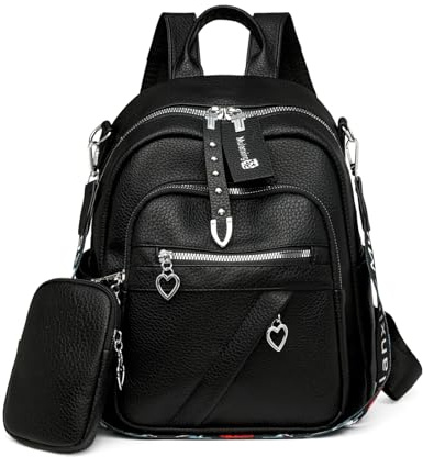 JANSBEN Leder Rucksack Damen Klein, Elegant Cityrucksack Modern Anti-Diebstahl Tagesrucksack Backpack Women Wasserdicht Mini Damenrucksack 2 in 1 für Lässig Schule Reise Arbeit Schwarz