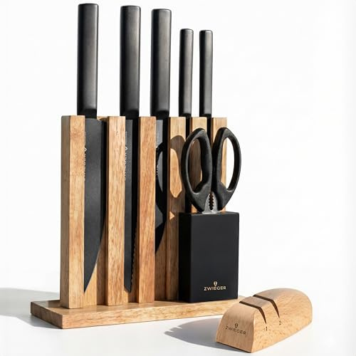 ZWIEGER Messerblock mit Messer 8-teiliges Set – Messerset aus Edelstahl | inkl. Schärfer mit interner Rollentechnologie und Küchenschere – 52 HRC Küchenmesser Set mit Block im offenen Holz–Design