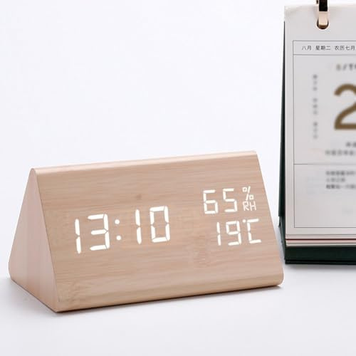 Lawnoval Wooden Digital Alarm Clock with LED Display, Temperature and Humidity Monitor, 12/24 Hour Format for Bedroom, Living Room or Office Desk
