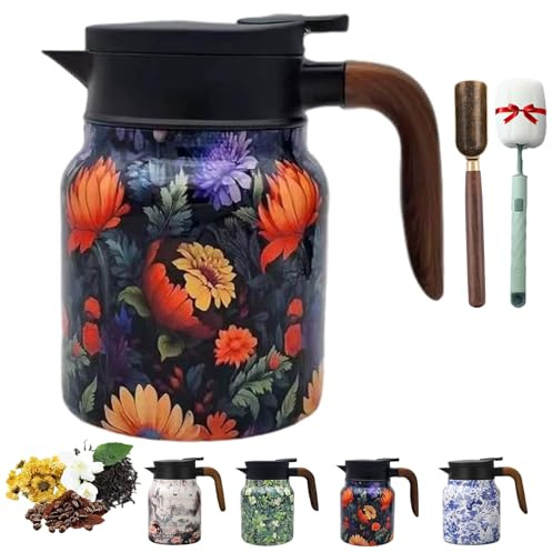 Bloom on Hotpot Teekanne, 800/1000ml Hot Pot Kanne mit Teefilter, Thermoskanne für Tee Aus Edelstahl 304, Teekanne Vintage mit Handhaben für Heiße und Kalte Getränke (F,1000ml)