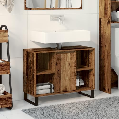 ZQQLVOO Lavabo da bagno in legno anticato, truciolato medio, fascino rustico con superficie invecchiata e molto spazio, struttura robusta in truciolato e metallo per praticità