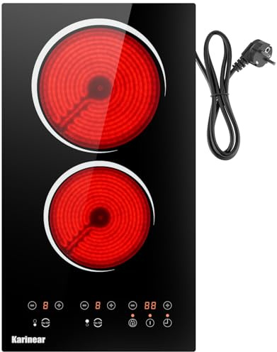 Karinear Glaskeramikkochfeld 2 Platten mit Stecker, Keramikkochfeld Doppel, 3000W Unabhängige Touch-Steuerung, Herdplatte 2 Kochfelder, Timer, Sicherheitsschloss, 240V