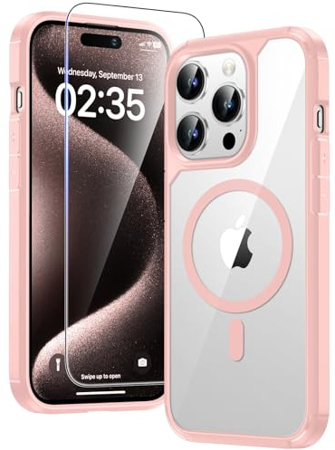 TAURI Cover per iPhone 15 Pro Max con Pellicola in Vetro Temperato,[Compatibile con MagSafe] Magnetica Custodia per Sottile Anticaduta - Rosa