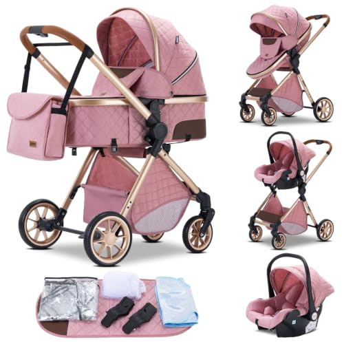 GLOKID Carrito bebe,carrito bebe 3 en 1,Adecuado para 0-3 años, carga máxima de 25 kg, sistema de carro bebe viaje plegable, incluidos adaptadores de accesorios(LV9 Rosa)