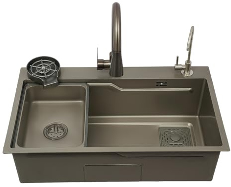Gdetnysty 75 x 45 x 22 cm Fregadero rectangular de acero inoxidable empotrable con grifo pequeño, de acero inoxidable, fregadero de cocina, cascada, fregadero multifuncional con escurridor extensible