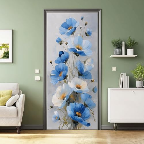Adesivo per porta 77x200 cm, Fiori Blu Da Sogno carta da parati per porta, camera dei bambini, cucina, adesivo per porta da bagno, adesivo autoadesivo, Blu