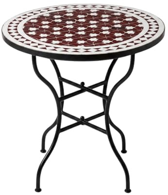Tavolo a mosaico marocchino Estrella Bordeaux bianco, 60 cm, diametro 60 cm, altezza 75 cm, tavolo da giardino pieghevole con struttura in ferro battuto, tavolo rotondo fatto a mano, tavolo da bistrot