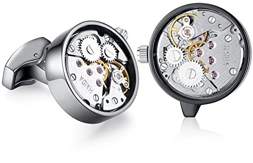 HONEY BEAR Gemelli Movimento Dell'orologio Steampunk Per Uomo Camicia, giro acciaio per regalo di nozze affari con scatola (Nero)