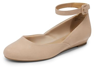 DREAM PAIRS Women's Dress Flats Ballet Low Wedge Round Toe Ankle Strap Comfortable Casual Flats Shoes,Size 7.5,Nude/Suede,REVONA