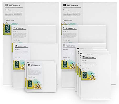 12er Set Künstler Leinwand zum Bemalen (2 Stk 40x60cm, 2 Stk 30x40cm, 4 Stk 20x30cm, 2 Stk 20x20cm) Canvas aus 100% Baumwolle, umlaufend aufgespannt FSC® Holz-Keilrahmen, 280g/m², 2-fach grundiert