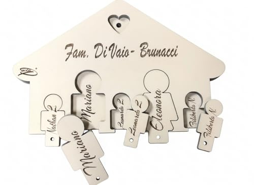 Portachiavi Casetta, InciSo, Idea regalo, Personalizzato in Legno a Mano per Muro Uomo e Donna, Famiglia