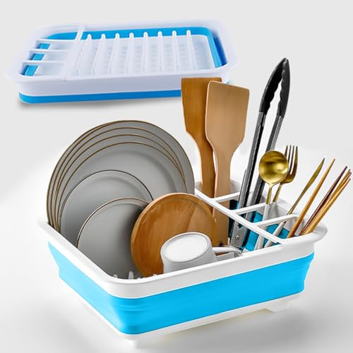 Scolapiatti pieghevole pieghevole scolapiatti portatile scolapiatti organizer da tavola pieghevole rastrelliera portaoggetti per stoviglie da cucina contatore camper accessori (blu)