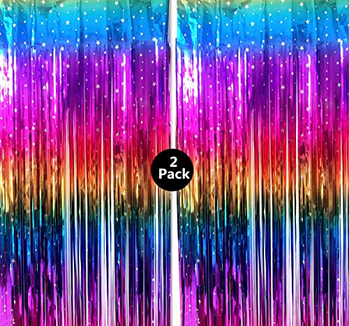 Rainbow Tinsel Foil Fringe Curtains 2 Pack Rainbow Party Decorations 3.3x6.6ft Metallic Streamers for Birthday Wedding Engagement Graduation Baby Shower Photo Booth Props Backdrop