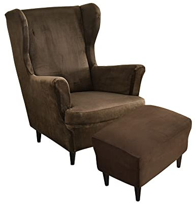 Highdi 2 Teilig Samt Ohrensessel Überzug Mit Ottomane Schonbezug, Sessel-Überwürfe Ohrensessel Schonbezüge Bezug Sesselhusse Stretch Tiger Stuhlbezug mit Armlehne Hohe Rückenlehne (braun)
