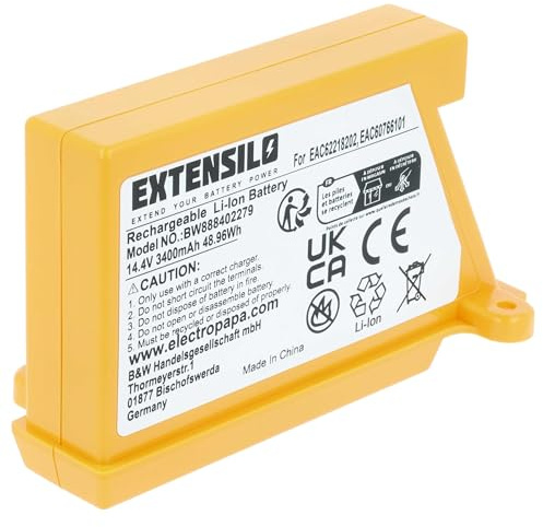 EXTENSILO Batería reemplaza LG MEZ63456808 | EAC62218205, EACAA1, EAC60766113, EAC62218202 para aspiradora negro (3400 mAh, 14,4 V, Li-Ion)