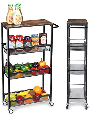 Nandae 4-Tier Storage Trolley Cart, Slim Storage Trolley, Narrow Storage Unit, Rolling Cart Storage Organizer on Wheels, Mesh Basket Shelf with Handles for Office Bathroom Kitchen Laundry Room
