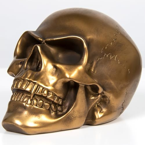 THORNE ANTIQUES AND COLLECTABLES Realistic Human Skull Head Ornament Gothic Home Decor 19.5cm Rustic Antique Bronze Finish