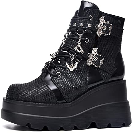 Gothniero Goth Platform Boots Black Gothic Chunky Heel Boots for Women Combat Ankle Wedge Booties with Side Zip Lace Up Size 3UK-8UK