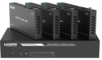 FOURKAY Long Range 1x4 4K HDBT Splitter with 4 PoE Receivers. 120m Range at 4K60Hz / 150m Range at 1080p. Audio Extraction on TX. Infrared Pass Back. HDCP 2.2. HDMI 2.0b