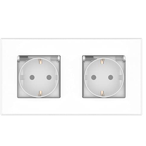PULSAR Steckdosen mit Deckel 2 Fach Weiß Glas Unterputz Doppelsteckdose mit Deckel IP44 Steckdose Doppelte Wandsteckdose 157x86mm Geeignet für Küche Badezimmer
