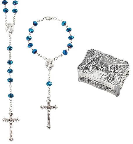 WEBEEDY Rosenkranz-Set Katholischer Rosenkranz Halskette Kristallperlen Armband Mit Vintage-Rosenkranz-Box Gebetsperlen Christliche Geschenke Für Frauen, Katholische Geschenke