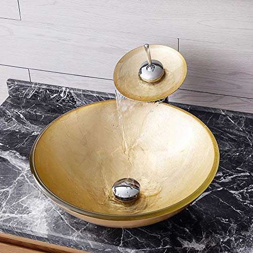 HomeLava Lavabo da Appoggio in Vetro Temperato, 420 x 420 x 145mm, Forma Tonda Lavabo Bagno in Vetro Temperato, con Rubinetto a Cascata (Oro C)