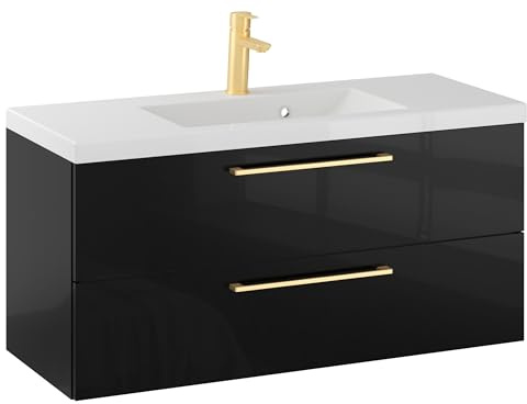 Furni Rosen 100 cm Hängend Waschbecken mit Unterschrank und Stilvollen und Goldenen Griffen Waschbeckenunterschrank Badezimmer Waschtisch mit Unterschrank Waschtischunterschrank