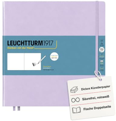 LEUCHTTURM1917 Skizzenbuch Quadrat, 225x225 mm, Hardcover, Lilac | 150 g/m² Zeichenkarton, blanko, 112 Seiten, weiß, Fadenheftung, für Skizzen, Bleistift und Tinte