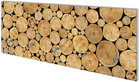 Wallario Wandgarderobe aus Glas in Größe 80 x 30 cm mit Memoboard-Funktion, Motiv: Holzstapel rund | 5 Kleiderhaken zum Aufhängen von Jacken
