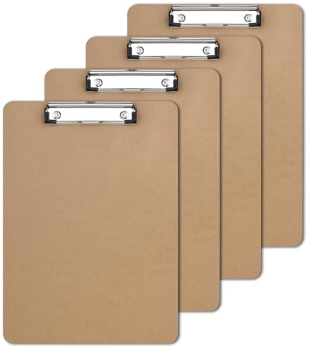 ZCZN Portapapeles con Pinza A4, Pack de 4 Clipboard Madera Rígido A4 con Clip de Perfil Bajo y Agujero para Colgar Retráctil