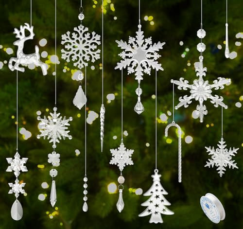 ilauke 26 Stück Christbaumschmuck Acryl Eiszapfen Schneeflocken Deko, Weihnachtsdeko Anhänger, Acryl Weihnachtsanhänger mit 20M Schmuckfaden, Kristallschneeflocke für Weihnachten Baumschmuck