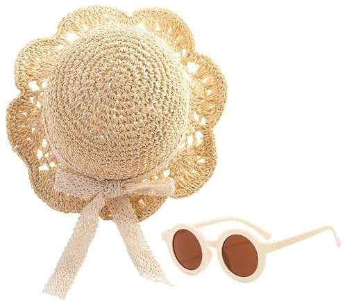 CWPFVQA Cappello di Paglia per Bambini Con Occhiali da Sole, Morbido di Pizzo - Cappello da Spiaggia Estivo
