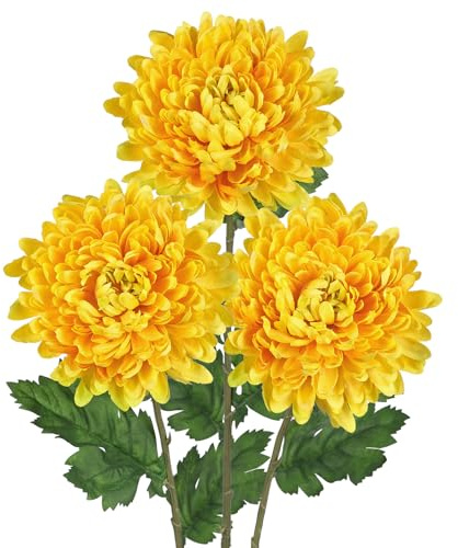 Arborus 3 Stück Künstliche Blumenstrauß Chrysanthemen Kunstblumen Gelb | Künstliche Blütenzweige für Vase Blumenarrangement Dekoblume mit Stiele für Tisch Regal Fensterbank Balkon Deko Büro Zimmer