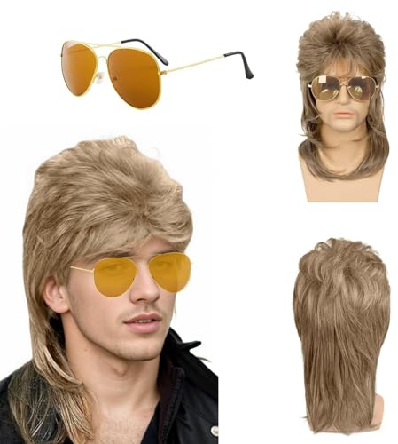 QSZHSL Mullet Perücke, 80er-Jahre-Kostüm, Herrenperücke, Hippie-Kostüm, lange Perücken, schweres Metall, Zubehör für Hippies für Halloween, Cosplay, Karneval, Party