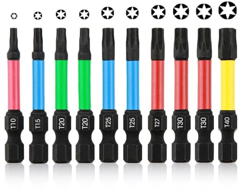 10 PCS 50mm Torx Screwdriver Bit Sets Star Magnetic Screwdriver Drill Bits S2 Steel Impact Drill Security Driver Bits T10 T15 T20*2 T25*2 T27 T30*2 T40-1/4 Hex Shank Professional for Torx Pozidrive | 1/4 Hex Shank S2 Steel Impact Drill Security Driver Bits T10 T15 T20*2 T25*2 T27 T30*2 T40-Professional for Torx Pozidrive