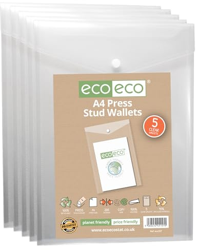 eco-eco A4 50% återvunnen klar transparent porträtt tryckknapp tryckplånbok, plastmappar 330 x 235 mm (förpackning med 5), 200 mic, eco157