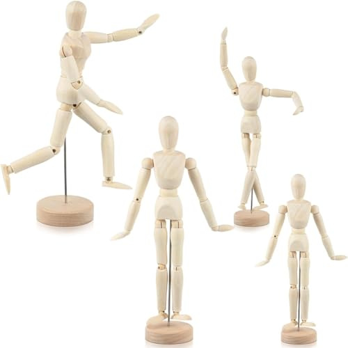 4Pcs Posable Wooden Mannequin Figure, 12/8 Wooden Human Body Drawing Mannequin with Stand, Art Mannequin Figure Human Torso Body Model, Blockhead Jointed Mannequin for Sketching/Painting/Desk Decor