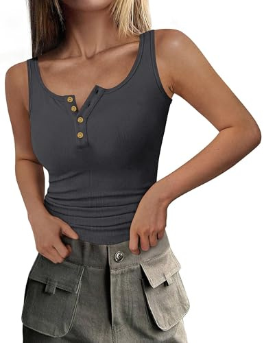 DUOEASE Camiseta Sin Mangas Mujer 2025 Costilla Slim-fit Cuello Crew Top Mujer Básica Elástica GrisOscuro-L