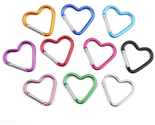10pcs Heart Shaped Carabiner, Aluminium Alloy Cute Carabiner Clip Snap Hook Key Holder Heart Keychain Clip Key Ring for Camping Backpack Water Bottle Key Chain