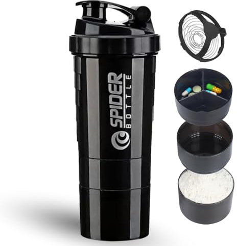 DDUP Protein Shaker Bottle, 16oz 3 Layer Twist Off GYM Cup Shake Bottle with Mix Grid and Pill & Supplement Storage,Leak Proof Shaker for Protein Shakers (Black)