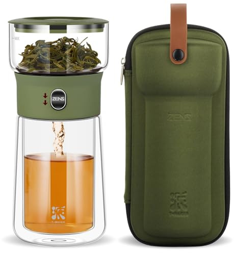 ZENS Klein Teezubereiter für Losen Tee, One-Touch Magic Teapot, Grün | Glas Teekanne mit siebeinsatz für Losen Tee Zubereitung, Solo Tea Maker mit 270ml Isolierter Tasse & Tragetasche