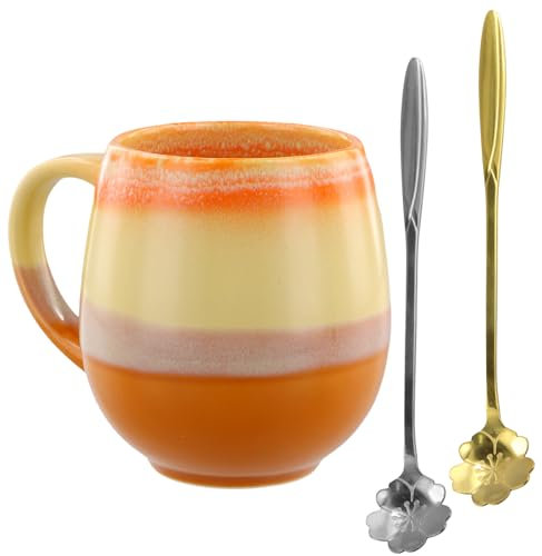 Grande Tazza da Caffè, Tazza in Ceramica Vintage 500 ml, Grande Tazza da Tè in Ceramica con Manico per Caffè, Cereali, Zuppa, Insalata, Ghiaccio, Arancione, Giallo con 2 Cucchiai di Fiori di Ciliegio