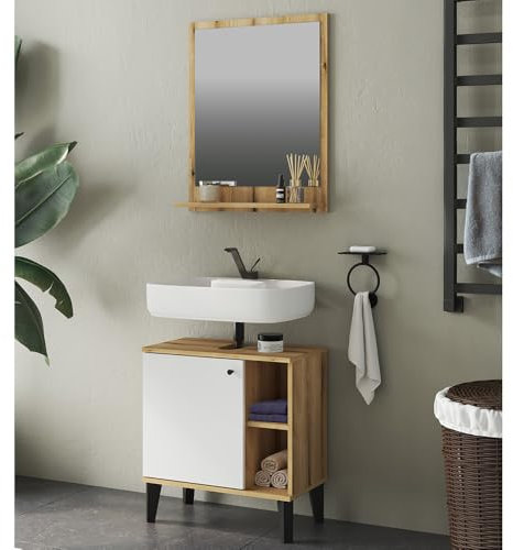 Lomadox Waschplatz-Set 2-teilig mit Waschbeckenunterschrank 60 cm, Spiegel, in Eiche und Weiß, modern