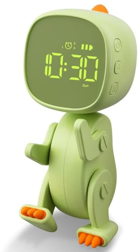Louttary Digitaler für Kinder, DREI Alarme, Dinosaurier- mit Variabler Form, Schlummerfunktion, Nachtlicht-Timer Grün