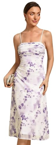 Ever-Pretty Abito da Sera Estate Floreale Donna Midi Elasticizzato Eleganti Casual con Spalline Sottili da Cerimonia Stampa Lilla 40