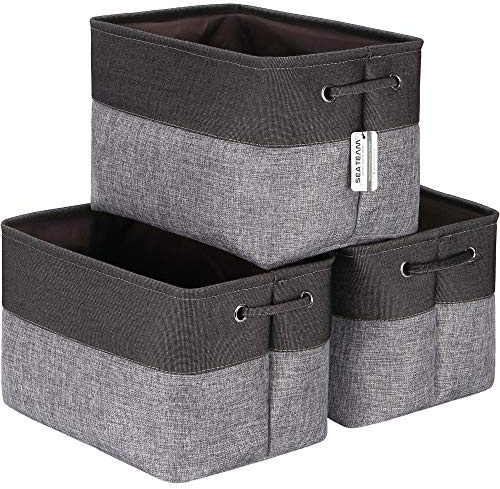 Sea Team 3-Pack Large Storage Basket Set, Trunk Organizer, Clothes Toys Bin, 15 x 10 x 10 Inches, Big Rectangular Canvas Fabric Collapsible Shelf Box with Handles for Kids Room (Grey/Black)