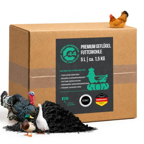 C44-Zittau 5L Premium Futterkohle für Hühner & Geflügel – EBC-Zertifiziert – Für trockenere Einstreu & weniger Stallgeruch – Unterstützt Verdauung & Eischalenstabilität – Nur 1,3% Asche